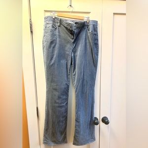 Bootcut grey corduroy pants.